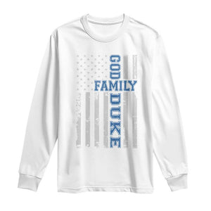 God Family Duke Long Sleeve Shirt Blue Game Day Vintage American Flag TS11 White Print Your Wear