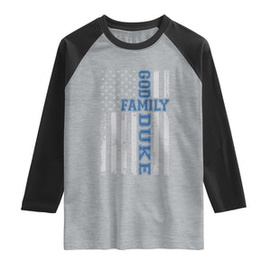 God Family Duke Raglan Shirt Blue Game Day Vintage American Flag TS11 Heather Gray Black Print Your Wear