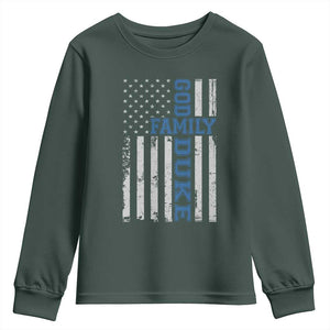 God Family Duke Youth Sweatshirt Blue Game Day Vintage American Flag TS11 Dark Forest Green Print Your Wear