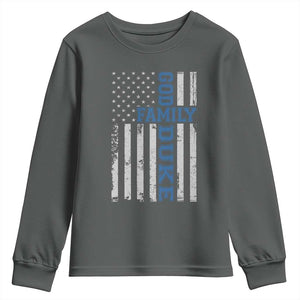 God Family Duke Youth Sweatshirt Blue Game Day Vintage American Flag TS11 Dark Heather Print Your Wear