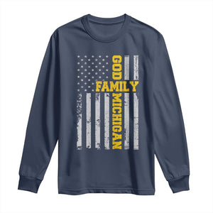 God Family Michigan Long Sleeve Shirt Game Day Vintage American Flag TS11 Navy Print Your Wear