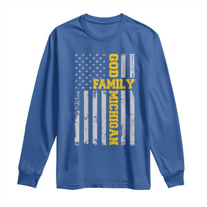 God Family Michigan Long Sleeve Shirt Game Day Vintage American Flag TS11 Royal Blue Print Your Wear