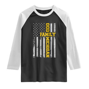 God Family Michigan Raglan Shirt Game Day Vintage American Flag TS11 Black White Print Your Wear