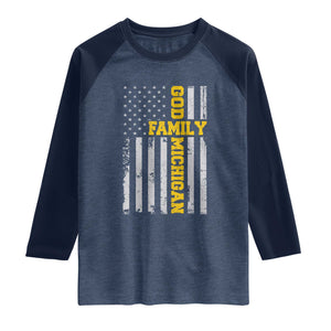 God Family Michigan Raglan Shirt Game Day Vintage American Flag TS11 Heather Denim Navy Print Your Wear