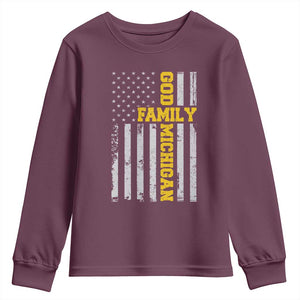 God Family Michigan Youth Sweatshirt Game Day Vintage American Flag TS11 Maroon Print Your Wear