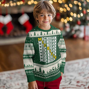 Michigan Fan Ugly Christmas Sweater Yellow Bold Athletic Sport State Letters Game Day TS11 Forest Green Beige Print Your Wear