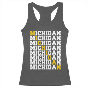 Michigan Fan Racerback Tank Top Yellow Bold Athletic Sport State Letters Game Day TS11 Dark Heather Print Your Wear