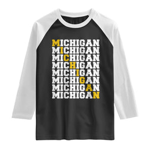 Michigan Fan Raglan Shirt Yellow Bold Athletic Sport State Letters Game Day TS11 Black White Print Your Wear
