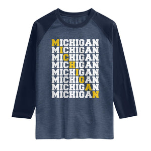 Michigan Fan Raglan Shirt Yellow Bold Athletic Sport State Letters Game Day TS11 Heather Denim Navy Print Your Wear