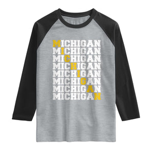 Michigan Fan Raglan Shirt Yellow Bold Athletic Sport State Letters Game Day TS11 Heather Gray Black Print Your Wear