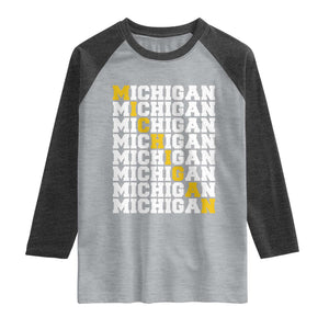 Michigan Fan Raglan Shirt Yellow Bold Athletic Sport State Letters Game Day TS11 Heather Gray Heather Charcoal Print Your Wear