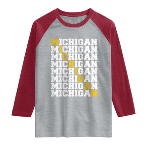 Michigan Fan Raglan Shirt Yellow Bold Athletic Sport State Letters Game Day TS11 Heather Gray Heather Red Print Your Wear