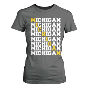 Michigan Fan T Shirt For Women Yellow Bold Athletic Sport State Letters Game Day TS11 Dark Heather Print Your Wear