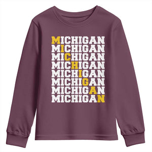 Michigan Fan Youth Sweatshirt Yellow Bold Athletic Sport State Letters Game Day TS11 Maroon Print Your Wear