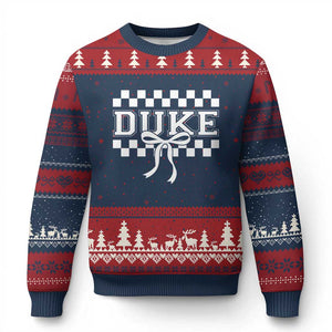 Duke Bold Letters Name Coquette Bow Checkered for Sports Fans Ugly Christmas Sweater TS11 Navy Red Print Your Wear