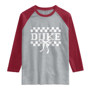 Duke Bold Letters Name Coquette Bow Checkered for Sports Fans Raglan Shirt TS11 Heather Gray Heather Red Print Your Wear