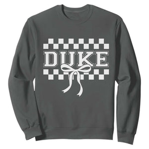 Duke Bold Letters Name Coquette Bow Checkered for Sports Fans Sweatshirt TS11 Dark Heather Print Your Wear