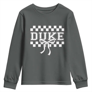 Duke Bold Letters Name Coquette Bow Checkered for Sports Fans Youth Sweatshirt TS11 Dark Heather Print Your Wear