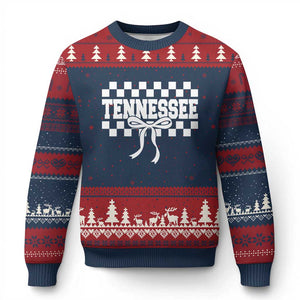 Tennessee Fan Ugly Christmas Sweater TN State Sport Coquette Bow Checkered Design Game Day TS11 Navy Red Print Your Wear