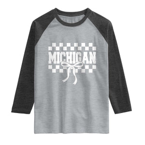 Michigan Fan Raglan Shirt MI State Sport Coquette Bow Checkered Design Game Day TS11 Heather Gray Heather Charcoal Print Your Wear