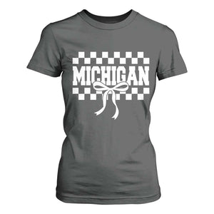 Michigan Fan T Shirt For Women MI State Sport Coquette Bow Checkered Design Game Day TS11 Dark Heather Print Your Wear