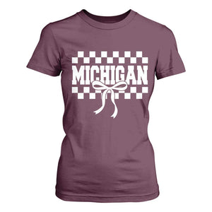 Michigan Fan T Shirt For Women MI State Sport Coquette Bow Checkered Design Game Day TS11 Maroon Print Your Wear