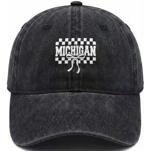 Michigan Fan Washed Cotton Baseball Cap MI State Sport Coquette Bow Checkered Design Game Day TS11 Print Your Wear