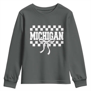 Michigan Fan Youth Sweatshirt MI State Sport Coquette Bow Checkered Design Game Day TS11 Dark Heather Print Your Wear