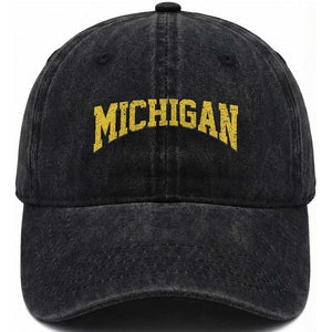 Michigan Fan Washed Cotton Baseball Cap Yellow Bold Sport State Letters Game Day TS11 Print Your Wear