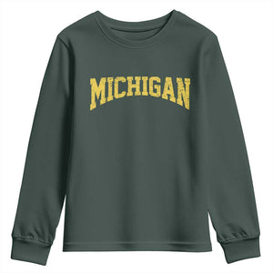 Michigan Fan Youth Sweatshirt Yellow Bold Sport State Letters Game Day TS11 Dark Forest Green Print Your Wear