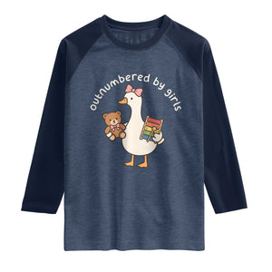 Outnumbered By Girls Raglan Shirt Funny Girl Dad Goose TS11 Heather Denim Navy Print Your Wear