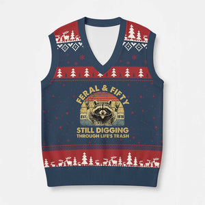 50th Birthday Raccoon V-Neck Knit Sweater Vest Feral And Fifty Still Digging Through Life's Trash Est 1976 TS11 Navy Red Print Your Wear