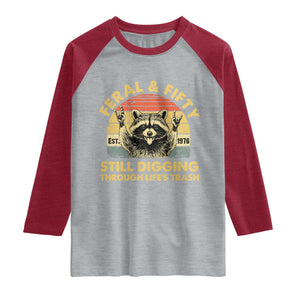 50th Birthday Raccoon Raglan Shirt Feral And Fifty Still Digging Through Life's Trash Est 1976 TS11 Heather Gray Heather Red Print Your Wear