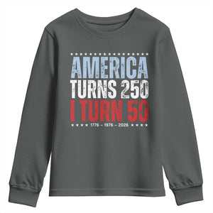America Turns 250 I Turn 50 Youth Sweatshirt 50th Birthday 250th Anniversary USA Vintage 1976 TS11 Dark Heather Print Your Wear