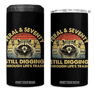 70th Birthday Raccoon 4 in 1 Can Cooler Tumbler Feral And Seventy Still Digging Through Life's Trash Est 1956 TS11 One Size: 16 oz Black Print Your Wear
