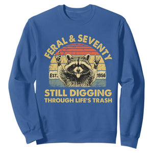 70th Birthday Raccoon Sweatshirt Feral And Seventy Still Digging Through Life's Trash Est 1956 TS11 Royal Blue Print Your Wear