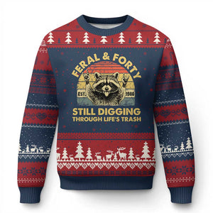 40th Birthday Raccoon Ugly Christmas Sweater Feral And Forty Still Digging Through Life's Trash Est 1986 TS11 Navy Red Print Your Wear