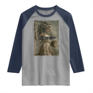 Girls Will Be Girls Medusa Feminist Raglan Shirt Women's Right TS11 Sport Gray Navy Print Your Wear