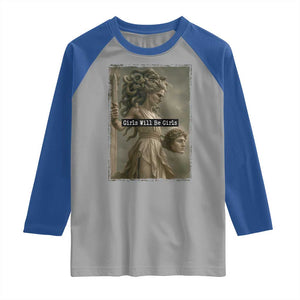 Girls Will Be Girls Medusa Feminist Raglan Shirt Women's Right TS11 Sport Gray Royal Print Your Wear