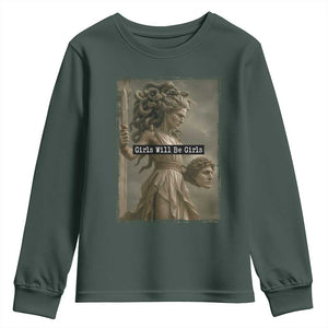 Girls Will Be Girls Medusa Feminist Youth Sweatshirt Women's Right TS11 Dark Forest Green Print Your Wear