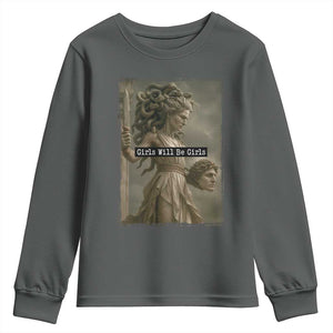 Girls Will Be Girls Medusa Feminist Youth Sweatshirt Women's Right TS11 Dark Heather Print Your Wear