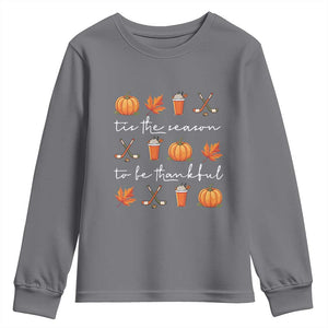 Thanksgiving Day Youth Sweatshirt Tis The Season To Be Thankful Pumpkin Ice Hockey Maple Leaf TS11 Charcoal Print Your Wear