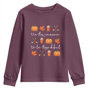 Thanksgiving Day Youth Sweatshirt Tis The Season To Be Thankful Pumpkin Ice Hockey Maple Leaf TS11 Maroon Print Your Wear
