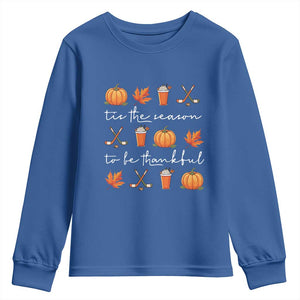 Thanksgiving Day Youth Sweatshirt Tis The Season To Be Thankful Pumpkin Ice Hockey Maple Leaf TS11 Royal Blue Print Your Wear