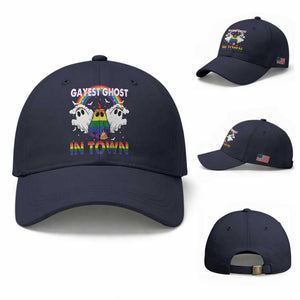 Funny Halloween LGBT Baseball Cap Gayest Ghost In Town Rainbow Flag TS11 Baseball Cap Universal Fit Navy Print Your Wear