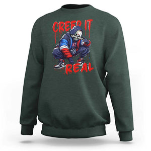Halloween Sweatshirt Creep It Real Horror Murderer Spooky Season TS11 Dark Forest Green Print Your Wear