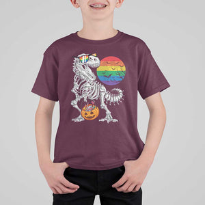 Halloween LGBT T Shirt For Kid Scary Dinosaur Skeleton T rex Rainbow Moon TS11 Maroon Print Your Wear