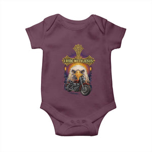 Christian Biker I Ride With Jesus Baby Onesie Religious Faith Motorcycle Rider Eagle TS11 Maroon Print Your Wear