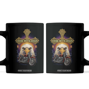 Christian Biker I Ride With Jesus Coffee Mug Religious Faith Motorcycle Rider Eagle TS11 Black Print Your Wear
