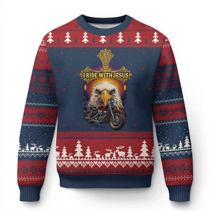 Christian Biker I Ride With Jesus Ugly Christmas Sweater Religious Faith Motorcycle Rider Eagle TS11 Navy Red Print Your Wear